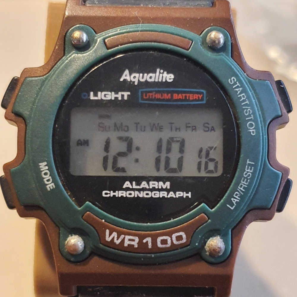 10/$20 Vtg Aqualite Green/Brown Digital Alarm Chrono Men's Watch